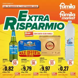 Volantino Famila Market settimana 35 Pagina 1: Bavaria Birra premium €0,82, Valmora Acqua Minerale Naturale €0,27