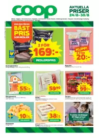 Coop Forum reklamblad vecka 35 Sida 1: Mowi rökt/gravad lax €55,00, John's Nötfärs €59,90