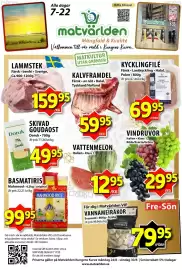 Matvärlden Tensta reklamblad vecka 35 Sida 1: Kalvframdel €59,95, Doruk skivad goudaost €49,95