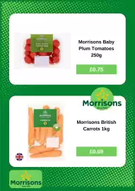 Morrisons leaflet week 35 Page 3: Morrisons British Carrots €0,69, Morrisons baby plum tomatoes €0,75
