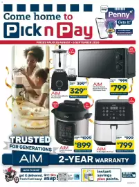 Pick n Pay catalogue Page 1: AIM 6 Litre Pressure Cooker €899,00, AIM 7 Litre Digital Air Fryer €799,00