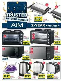 Pick n Pay catalogue Page 2: AIM 30 Litre Electronic Microwave Oven €999,00, AIM 2-Slice Stainless Steel Toaster €329,99