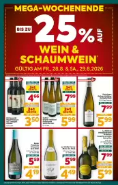 Billa Flugblatt woche 35 Seite 2: MEGA-WOCHENENDE BIS ZU 25% WEIN & SCHAUMWEIN® GÜLTIG AM FR., 28.8. & SA., 29.8.2026 1)