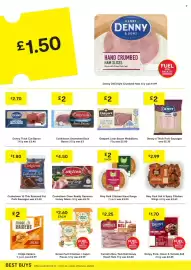 SuperValu leaflet Page 14: Denny Deli Style Crumbed Ham 80g €1,50, Cookstown Unsmoked Back Bacon €2,00