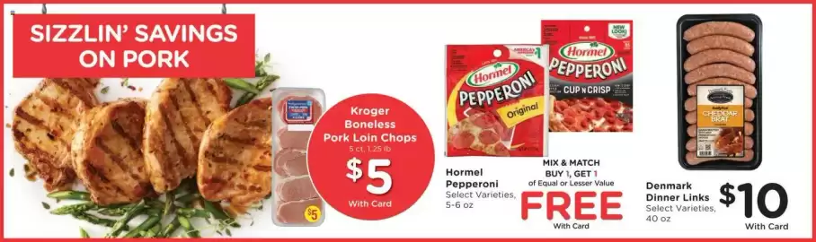 Fry's weekly ad week 35 Page 10: Denmark dinner links €10,00, Kroger boneless pork loin chops €5,00