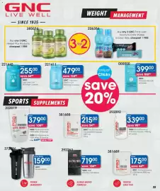 Clicks catalogue Page 33: GNC Pro Performance 100% Whey €379,00, GNC Shaker Bottles €159,00