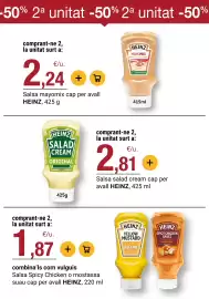Folleto BonpreuEsclat Página 69: Heinz salsa spicy chicken o mostassa suau €1,87, Heinz salsa mayomix cap per avall €2,24
