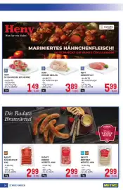 Metro Flugblatt Seite 14: Radatz Rostbratwürstel Mini €2,99, HENY HÜHNER KEULEN €3,89