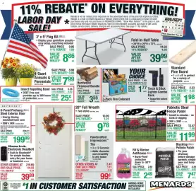 Menards weekly ad Page 1: Patriotic Steel Fence Panel €11,99, Svp rv & marine antifreeze €2,49