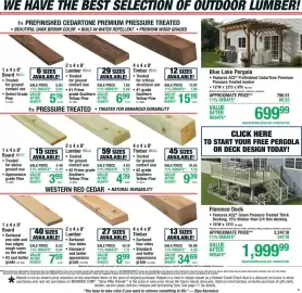 Menards weekly ad Page 4: Blue Lake Pergola €699,99, 1 x 4 x 8' Board €3,99