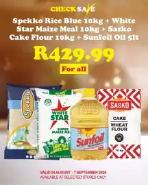Check Save catalogue Page 10: Spekko Rice Blue + White Star Maize Meal + Sasko Cake Flour + Sunfoil Oil €429,99