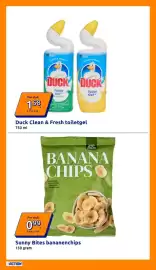 Action folder week 35 Pagina 23: Sunny Bites bananenchips €0,99, Duck Clean & Fresh toiletgel €1,58