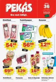 Pekås reklamblad vecka 36 Sida 1: Lotus toalettppaper €56,99, Dalsjöfors stekfläsk €54,99