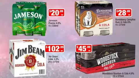 Liquor Stax catalogue Page 13: Jameson Premix €20,99, Woodstock Bourbon & Cola €45,99