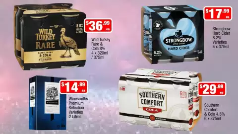 Liquor Stax catalogue Page 14: Wild Turkey Rare & Cola €36,99, Strongbow Hard Cider Varieties €17,99