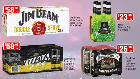 Liquor Stax catalogue Page 15: Midori Illusion €23,99, Brookvale Union Red Pub Soda €26,99