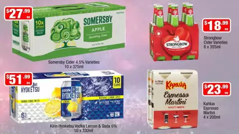 Liquor Stax catalogue Page 16: Strongbow Apple Ciders Varieties €18,99, Somersby Cider 4.5% Varieties €27,99