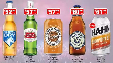 Liquor Stax catalogue Page 2: Carlton Dry 3.5 €52,99, Hahn Super Dry 3.5% €61,99