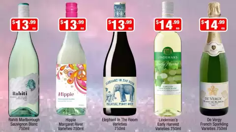 Liquor Stax catalogue Page 5: Lindeman's Early Harvest Varieties €14,99, De Vergy French Sparkling Varieties €14,99