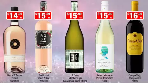 Liquor Stax catalogue Page 6: Campo Viejo Tempranillo €16,99, Pierre D'Amour Rosé Varieties €14,99