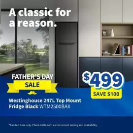 Bi-Rite catalogue Page 6: Westinghouse 247L Top Mount Fridge Black €499,00