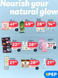 PEP catalogue Page 1: Pride Ultra plus 2-ply facial tissues €28,99, Pride glycerine clear €21,99