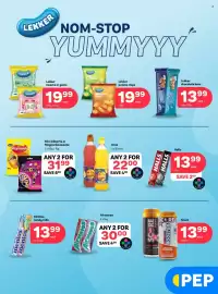 PEP catalogue Page 5: Lekker potato chips €19,99, Score Energy Drink €13,99