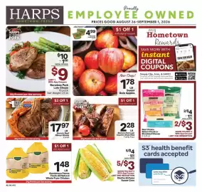 Harp's Market weekly ad week 35 Page 1: Harps all natural pork boneless pork loin chops €9,00