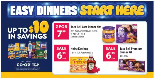 Co-op flyer week 35 Page 7: Heinz ketchup €6,99, Taco Bell Core Dinner Kits €7,98