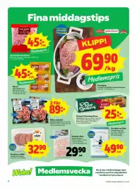 Stora Coop reklamblad vecka 36 Sida 2: Strimlad skinka/kalkon, Medlemspris, Pizzakit/Pizzadeg/Pinsa, Medlemspris