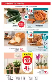 Catalogue U Express page 8: Brioche ou gâche tranchée pur beurre €4,49, COURGETTE €2,49