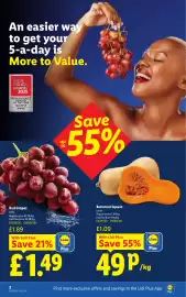 Lidl leaflet week 36 Page 2: Red Grapes €1,49, Butternut Squash €0,49