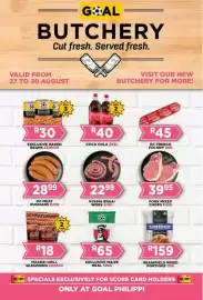 Goal Supermarket catalogue Page 1: Nyama Braai Wors €22,99, DC MEAT RUSSIANS €28,99