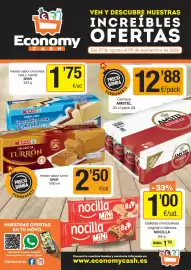 Folleto Economy Cash Página 1: Amstel - cerveza €12,88, Spar - helado sabor chocolate, nata y vainilla €1,75
