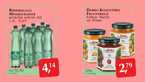 Winkler Markt Flugblatt Seite 3: Römerquelle Mineralwasser €4,14, Darbo Konfitüren Fruchtreich €2,79