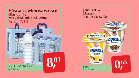 Winkler Markt Flugblatt Seite 9: Jogurella Dessert €0,65, Vöslauer Mineralwasser €8,01