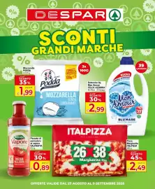 Volantino Despar Pagina 1: Mozzarella Podda €1,99, Detersivo liquido Mon Amour Felce Azzurra €2,99