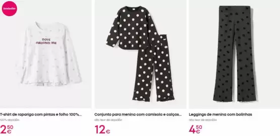 Catálogo Pepco Página 8: Com - t-shirt de rapariga com pintas e folho 100% €2,50, Com - leggings de menina com bolinhas €4,50