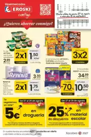 Folleto Eroski Página 1: Renova papel higiénico suave perfumado Skin Care Plus €1,75, Activia con frutas €1,50