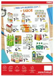 Folheto Froiz Página 20: Água com gás Frize ananás, laranja ou limão €2,29, Néctar compal origens laranja algarve 1 l €1,99