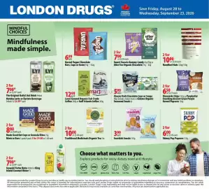 London Drugs flyer Page 1: Smart Sweets Gummy Candy €3,50, Level Ground Organic Fair Trade Coffee €12,99