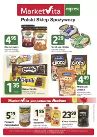 Marketvita gazetka | Express Strona 1: Mus owocowy brzoskwinia Auchan €1,85, Baton Nestlé Nesquik €1,35