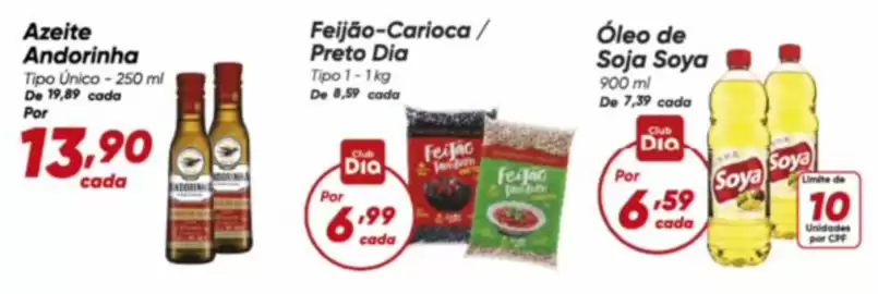 Tabloide Dia Página 8: Andorinha - azeite €13,90, Dia - feijão-carioca/ preto €6,99