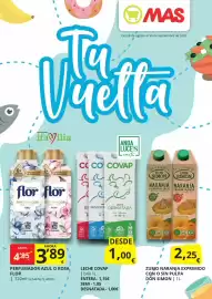 Folleto Supermercados MAS Página 1: Flor perfumador azul o rosa €3,89, Leche Covap €1,00