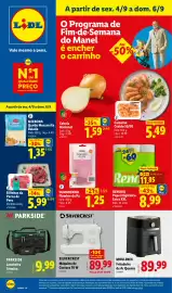 Folheto Lidl semana 36 Página 1: Fumadinho Fiambre da Pá €1,25, Bifinhos da Perna de Peru €5,99
