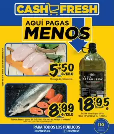 Folleto Cash Fresh Página 1: Salmón fresco €8,99, Pechuga de pollo entera €5,50