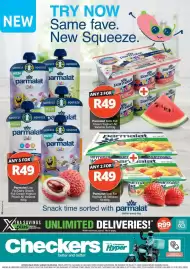 Checkers catalogue Page 1: Parmalat Kids Low Fat Dairy Snack/Full Cream Yoghurt Pouch €49,00, Parmalat Low Fat Yoghurt €49,00