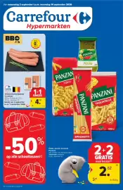 Carrefour folder Pagina 1: Varkens/kalfschipolata €4,50, Pasta, sauzen en pesto Panzani €2,62