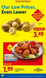 Lidl weekly ad week 36 Page 26: Butcher's Specialty fresh whole chicken wings, family pack €1,99, Gold kiwis €3,49