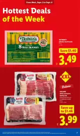Lidl weekly ad week 36 Page 7: Nathan's skinless beef franks €3,49, Dulano thick cut bacon €3,99